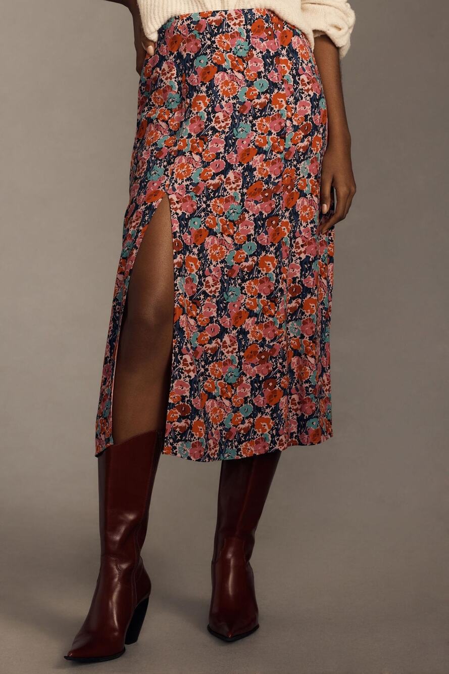 nwt ANTHROPOLOGIE MAEVE sz 12 Lille Side-Slit Midi Skirt in navy motif